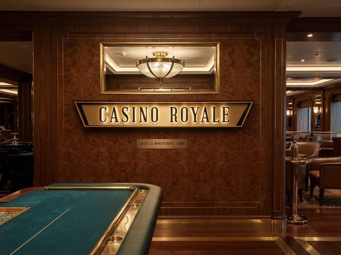 Casino Royale — goldener Schriftzug im holzvertäfelten Schiffssalon