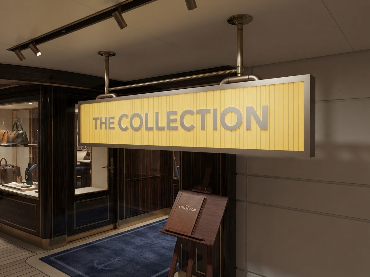 The Collection — hinterleuchteter Ausleger vor der Boutique an Bord