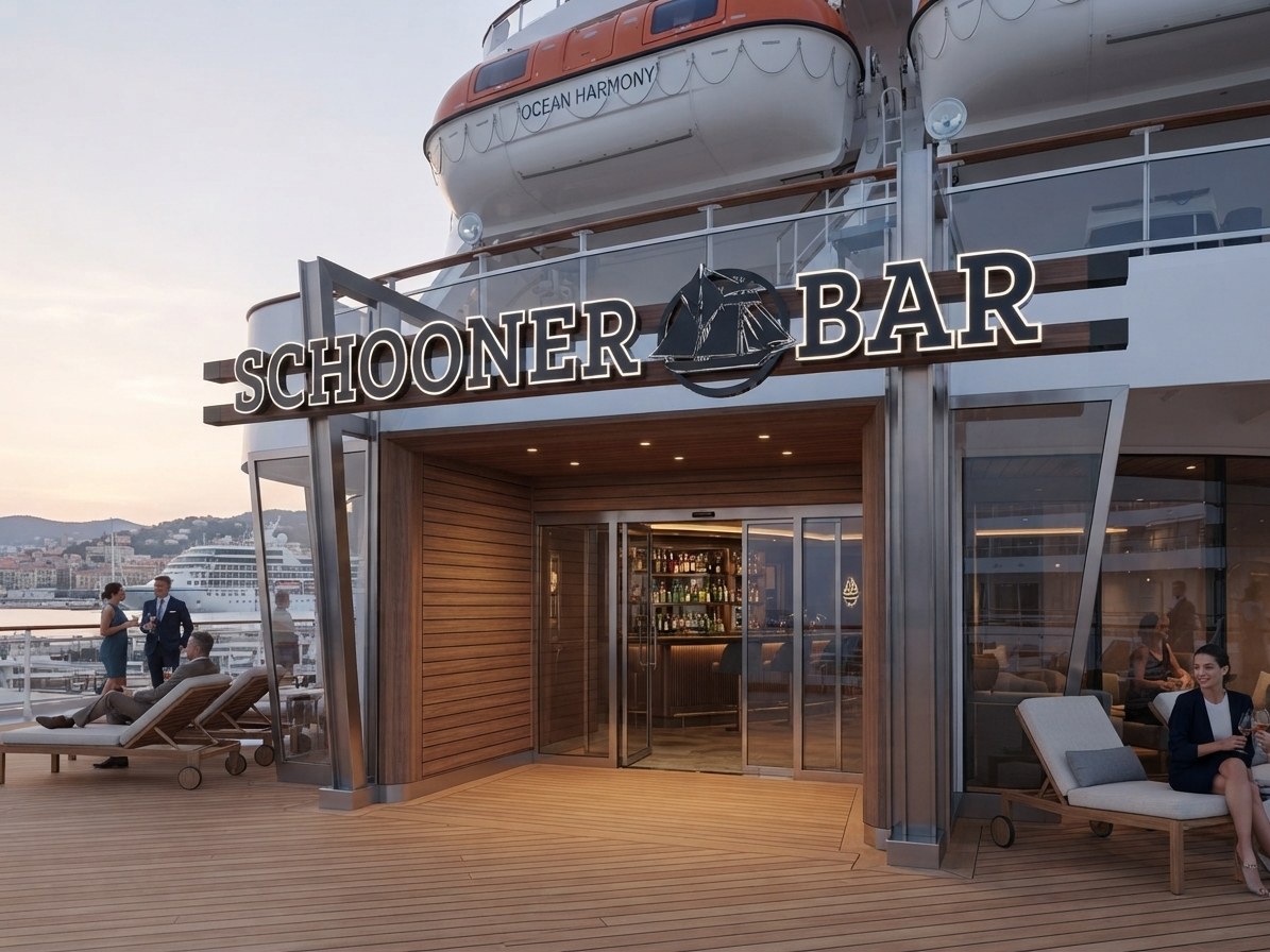 Schooner Bar an Deck — beleuchteter Schriftzug mit Schoner-Medaillon, Abendlicht am Hafen