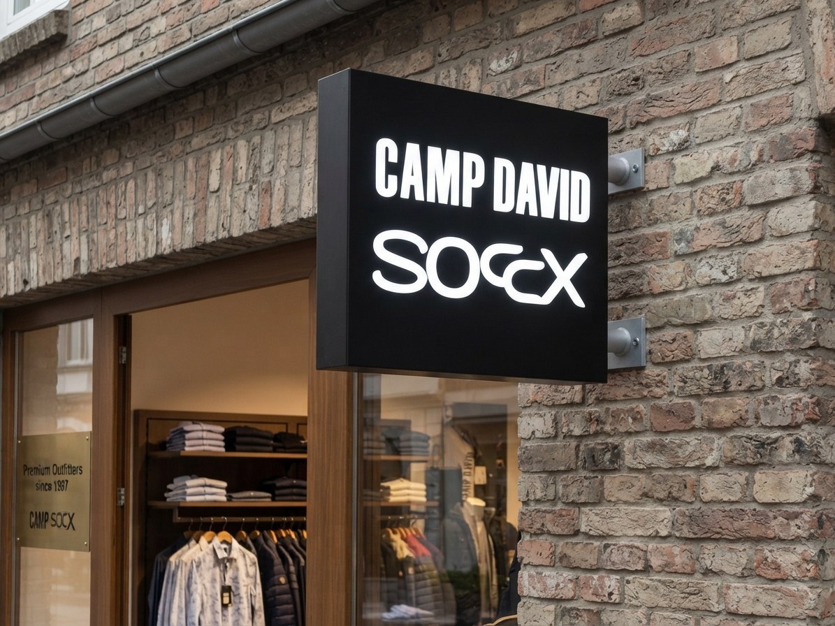 Camp David / SOCCX — schwarzer Kubus-Ausleger, weiß durchleuchtete Schrift