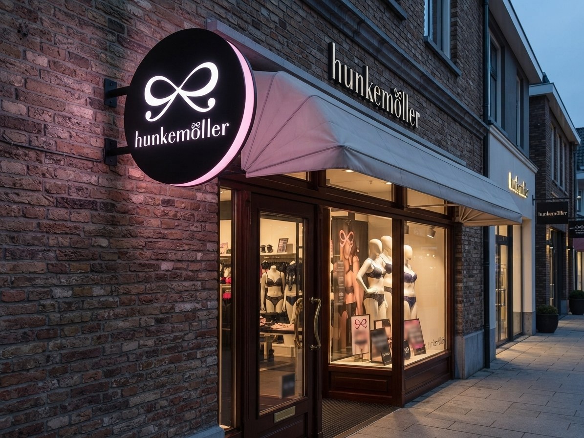 Hunkemöller — runde schwarze Ronde mit rosa Lichtkante, am Abend an der Fassade