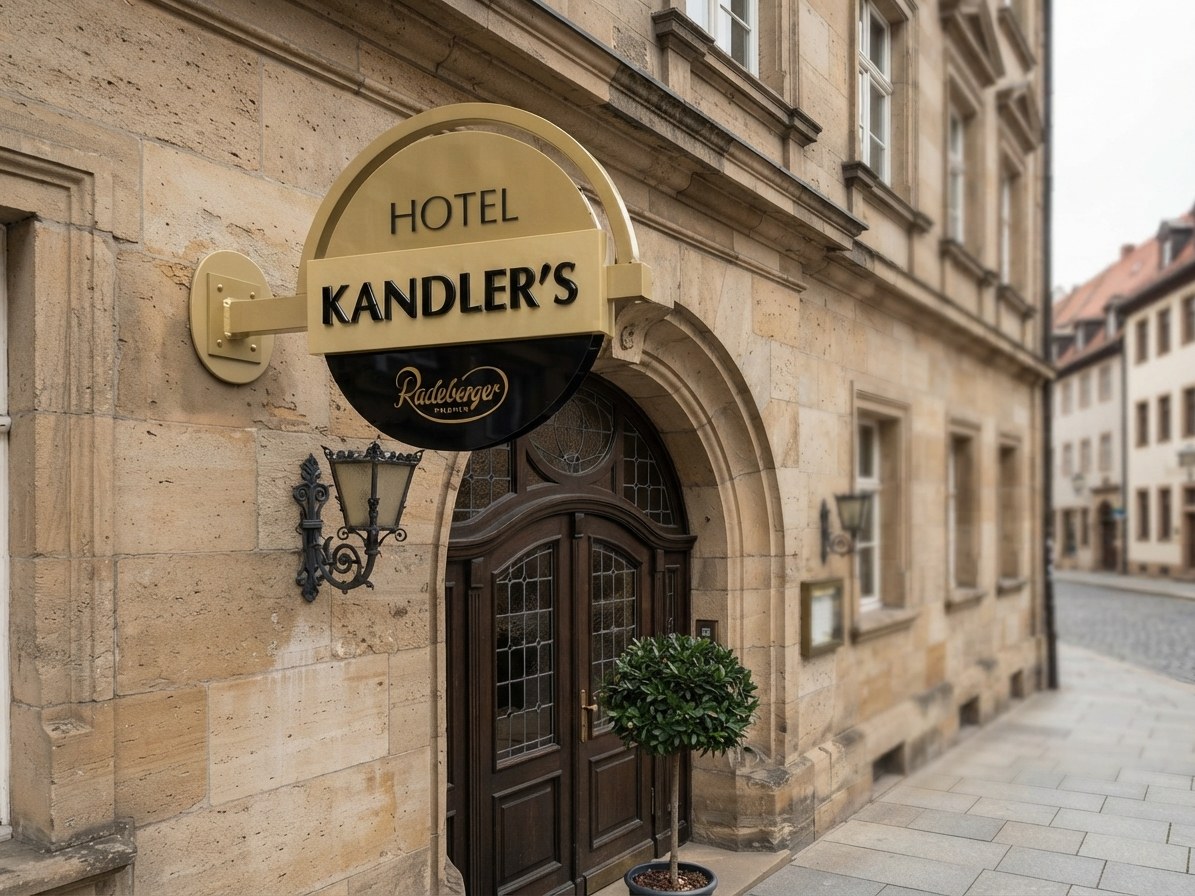 Hotel Kandler's — halbrunde Goldblende mit schwarzer Radeberger-Ronde