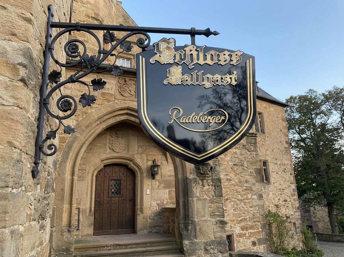 Radeberger / Schloss Ballgast — schwarz-goldenes Wappenschild am schmiedeeisernen Ausleger