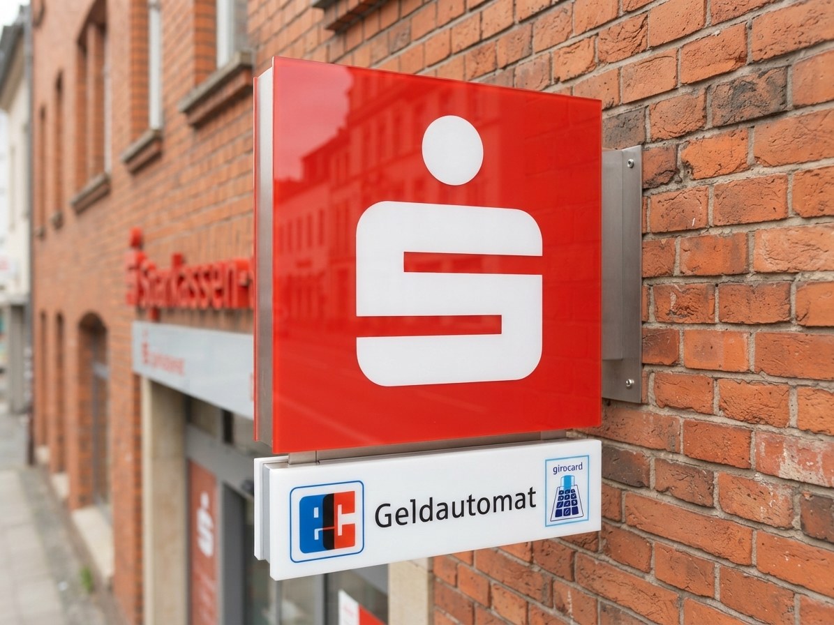 Sparkasse — rotes S-Signet als Kastenausleger, Geldautomat-Fahne darunter