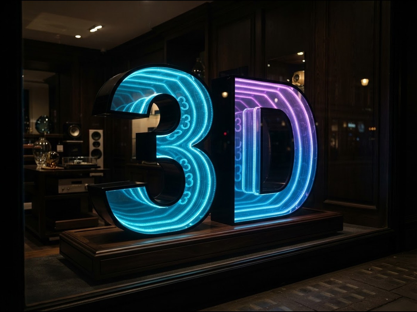 3D-Schriftzug mit Infinity-Spiegeleffekt im Schaufenster, blau und violett