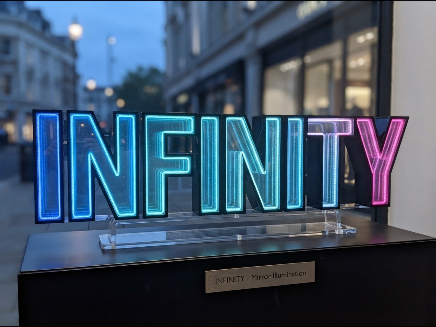 INFINITY-Schriftzug mit Spiegeleffekt auf einem Sockel, blau-violett-pinker Farbverlauf
