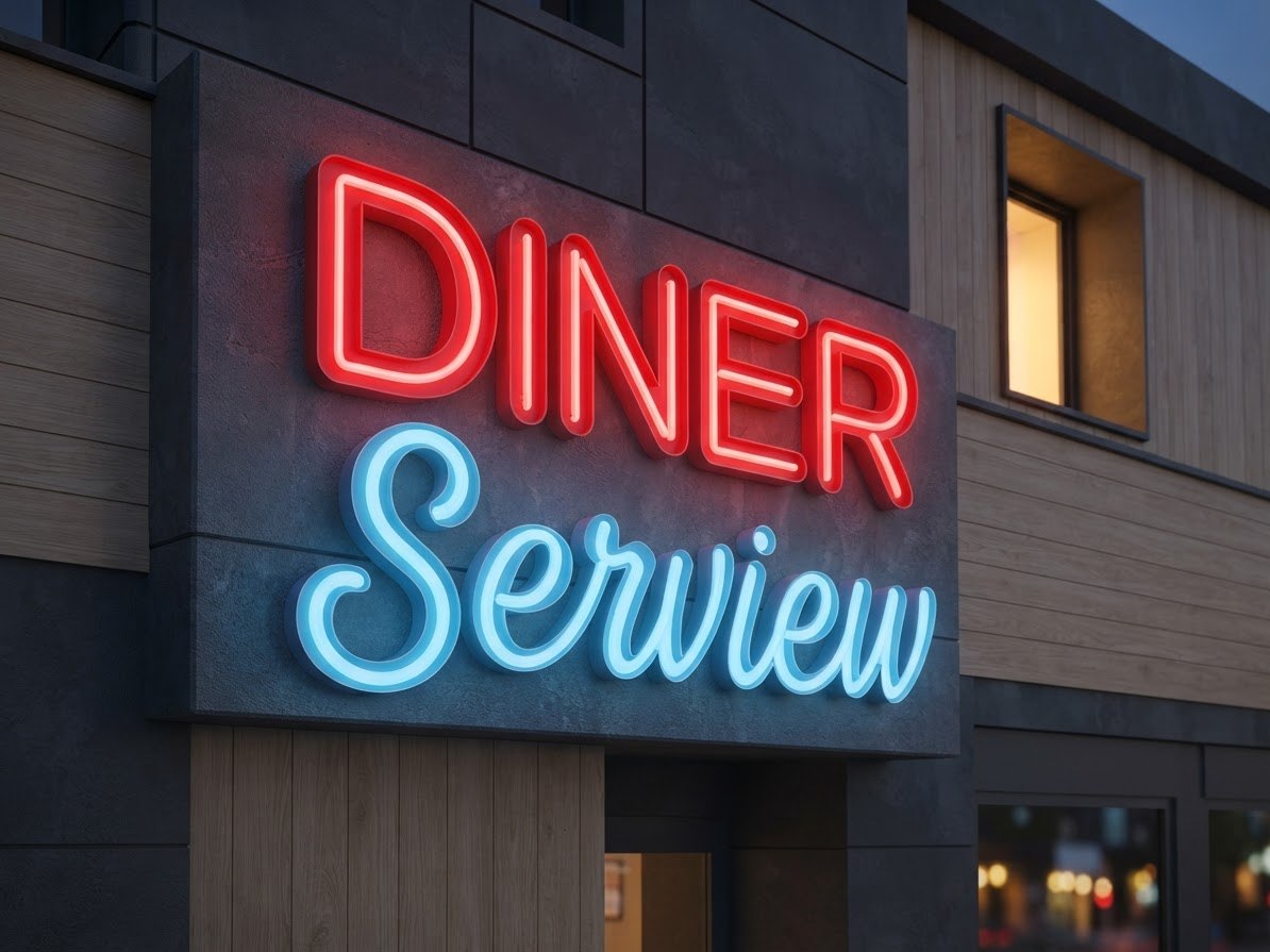 DINER Serview — Fake-Neon-Schriftzüge an einer Fassade, rot und blau leuchtend